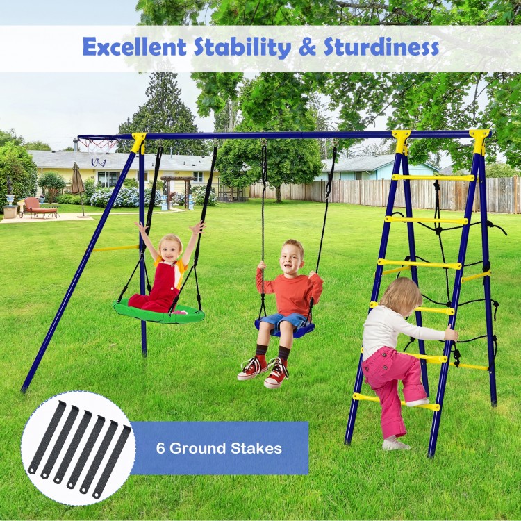 5-in-1 outdoor kids swing set featuring A-shaped metal frame, two swings, climbing ladder, and ground stakes for.