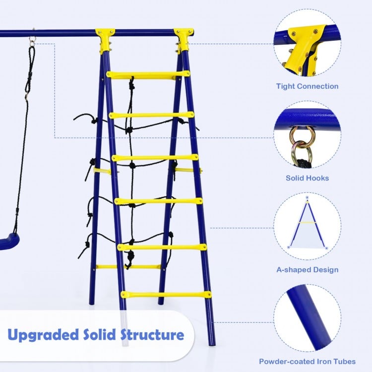 A-shaped metal frame of the 5-in-1 outdoor kids swing set with climbing ladder, swings, and basketball hoop for.