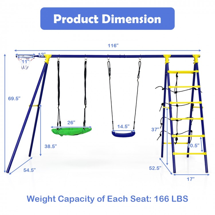5-in-1 outdoor kids swing set featuring A-shaped metal frame, adjustable swings, climbing ladder, and basketball hoop.