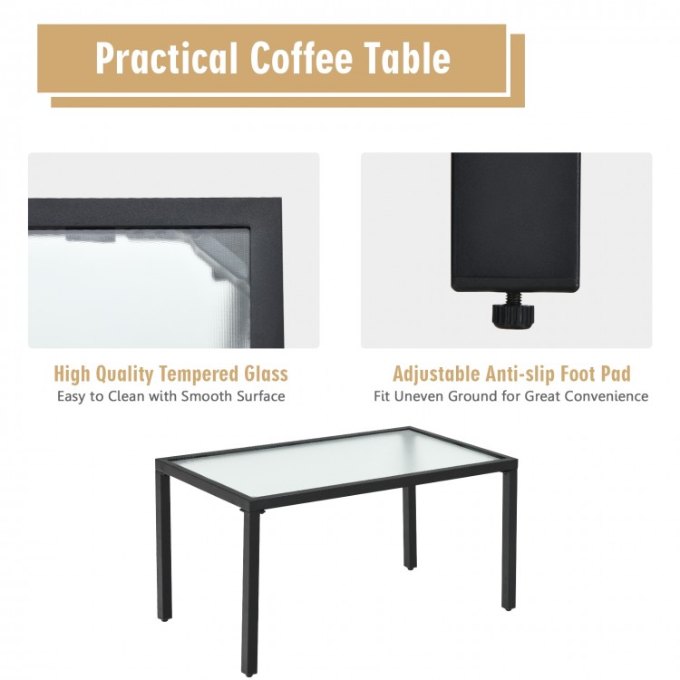 Coffee table with high-quality tempered glass and adjustable anti-slip foot pad, perfect for outdoor patio use.