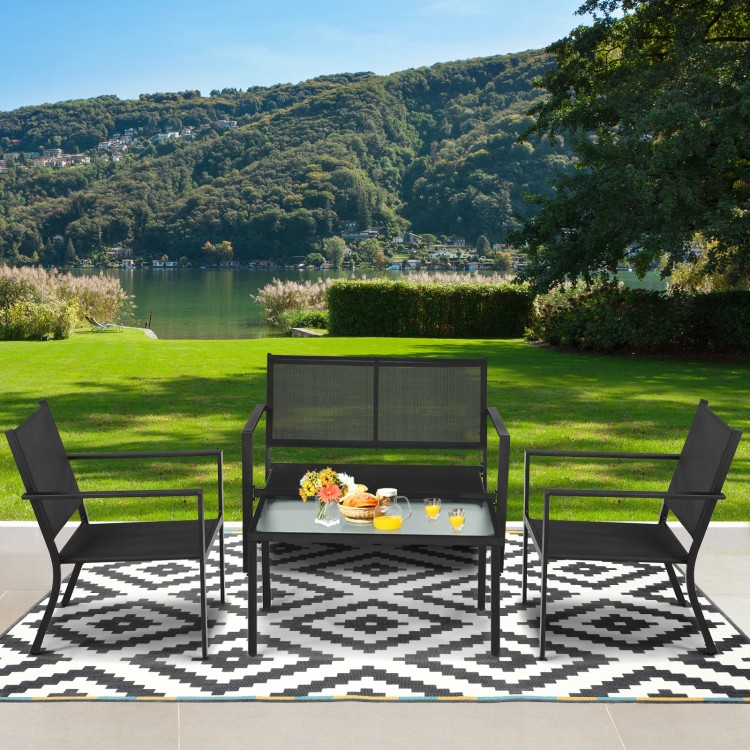 4-piece gray patio furniture set featuring a steel frame, ergonomic armrests, and a coffee table for outdoor relaxation.