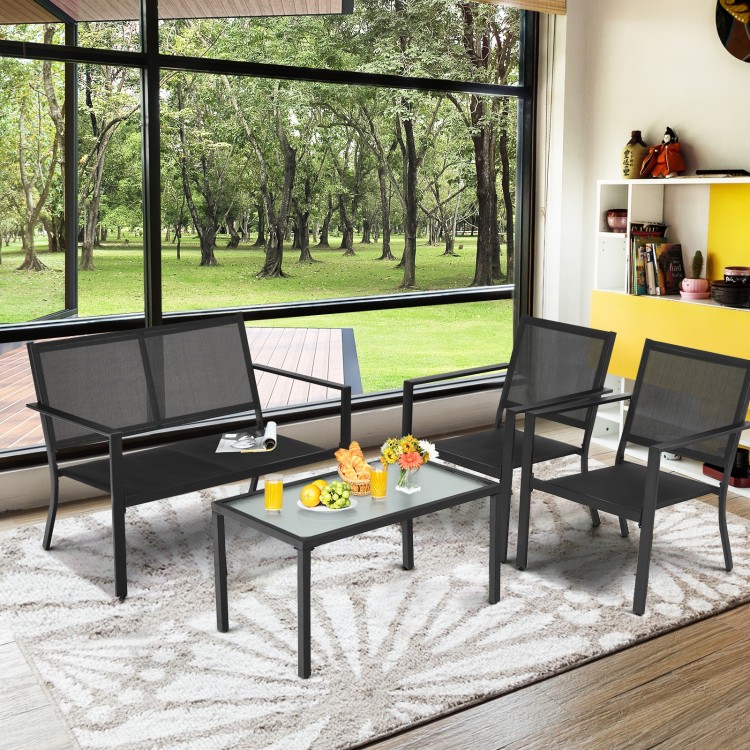 4-piece gray patio furniture set with steel frame, featuring a coffee table and ergonomic chairs for outdoor comfort.