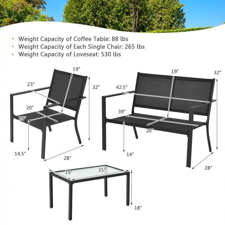 4-piece patio furniture set featuring a gray loveseat, two chairs, and a coffee table for outdoor comfort and style.