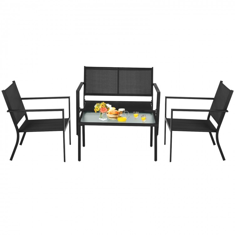 4-piece patio furniture set featuring a gray steel frame, ergonomic chairs, and a coffee table for outdoor relaxation.
