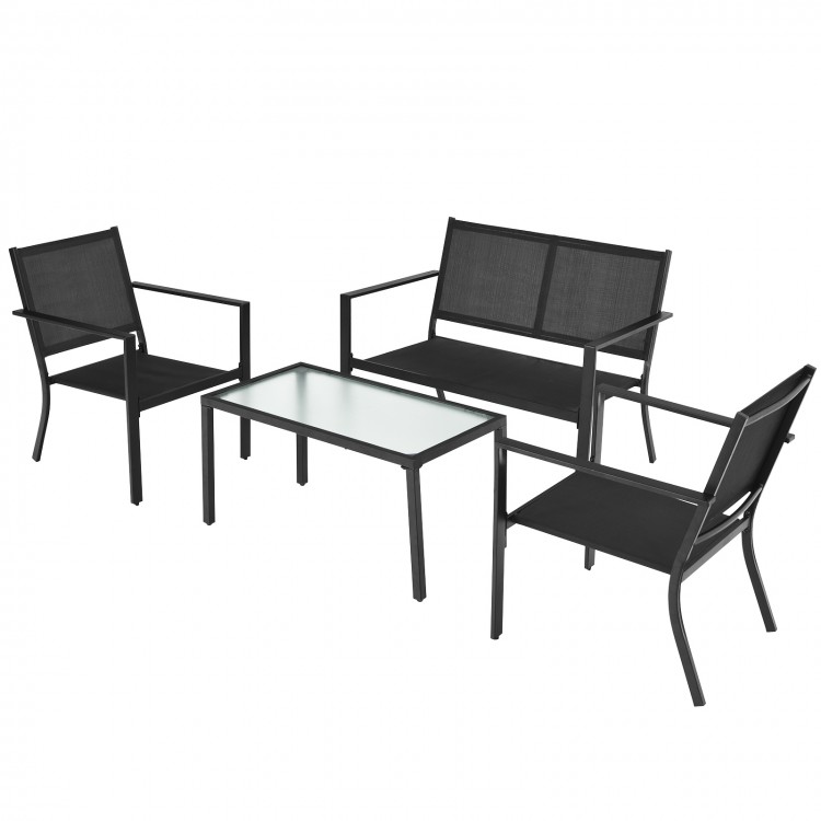 4-piece patio furniture set featuring a gray steel frame, breathable fabric, and a coffee table for outdoor relaxation.