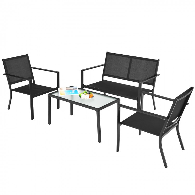 4-piece patio furniture set featuring a gray steel frame, ergonomic design, and a glass-top coffee table for outdoor.