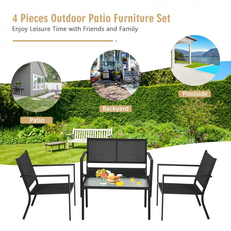 4-piece patio furniture set featuring a gray steel frame, ergonomic design, and coffee table for outdoor comfort.