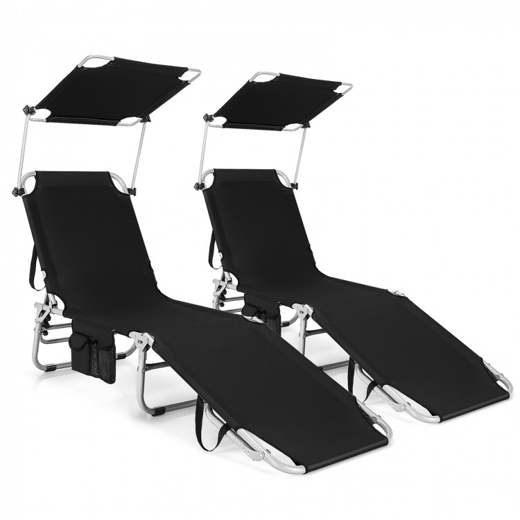 Two adjustable outdoor beach recliners in black with sun shades, featuring a side pocket and foldable design for easy.