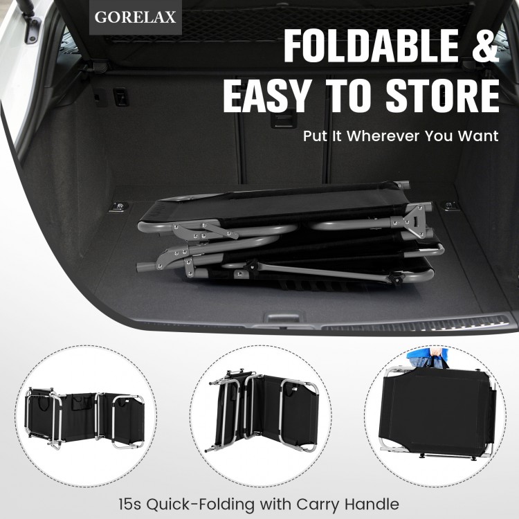 Adjustable black folding recliner with sun shade, side pocket, and lightweight design for easy outdoor storage.