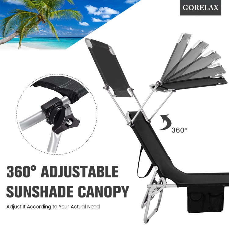 Adjustable outdoor beach patio recliner with 360° sunshade canopy, lightweight design, and side pocket for convenience.