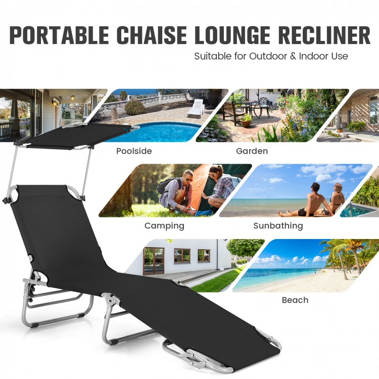 Adjustable black outdoor recliner with sun shade, perfect for beach, pool, or camping, featuring a lightweight foldable.