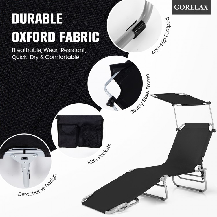 Adjustable outdoor beach recliner in black with sun shade, side pocket, and durable Oxford fabric for versatile use.