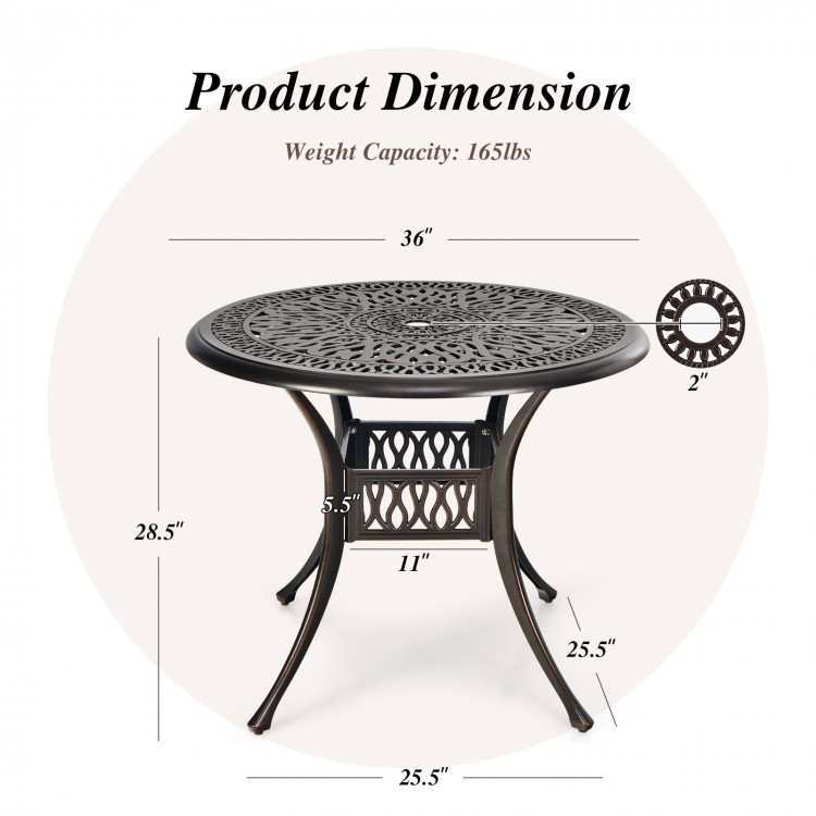 36-inch round patio dining bistro table in brown with umbrella hole, featuring elegant patterns and adjustable feet for.