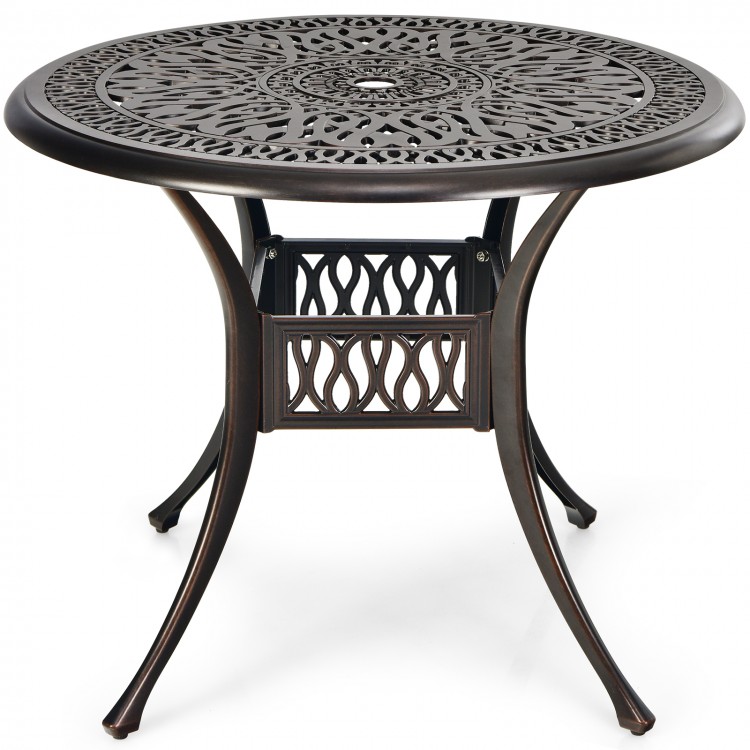 Round 36-inch patio dining bistro table in brown, featuring a decorative design and 2" umbrella hole for outdoor use.