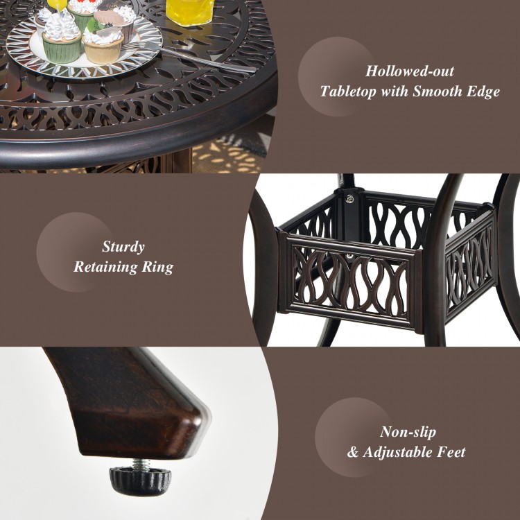 Sturdy 36-inch brown patio dining bistro table with umbrella hole, featuring elegant patterns and adjustable feet for.