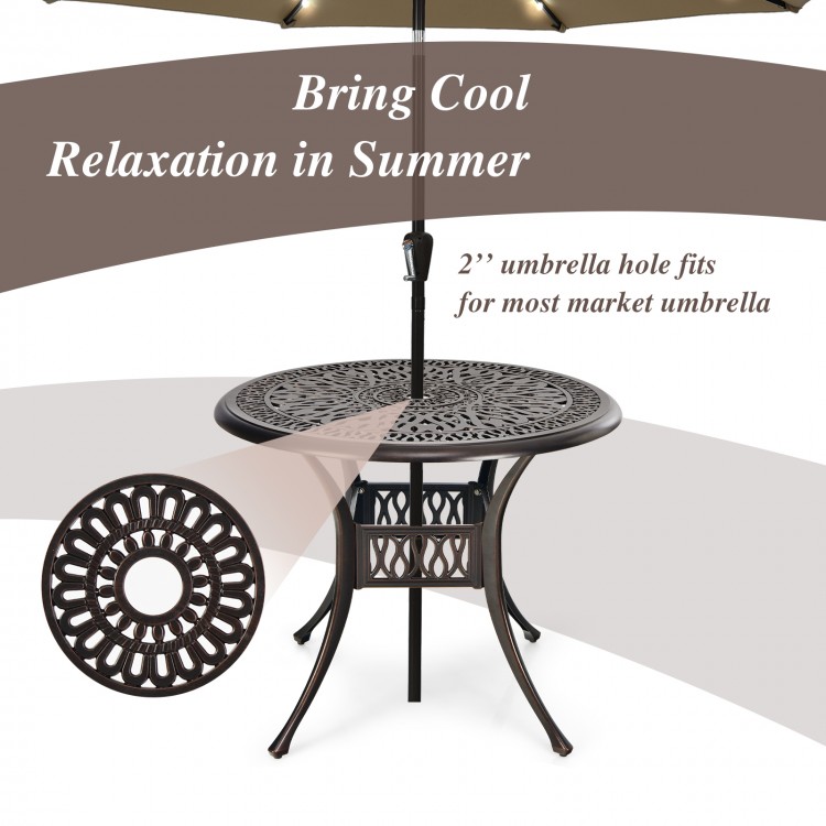 36-inch round patio dining table in brown with a 2" umbrella hole, ideal for outdoor relaxation and elegance.