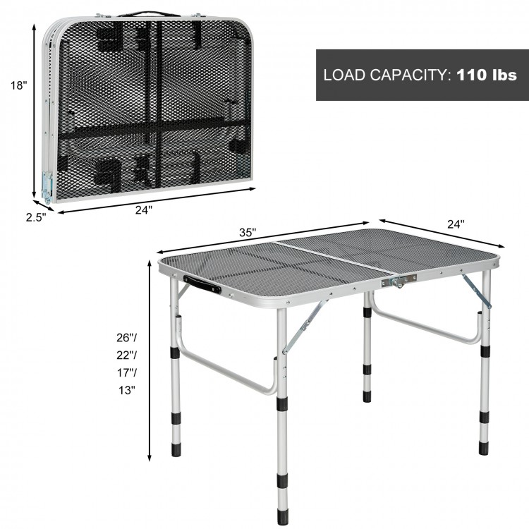 Folding grill table with iron mesh top, aluminum frame, adjustable heights, and compact design for camping and outdoor.