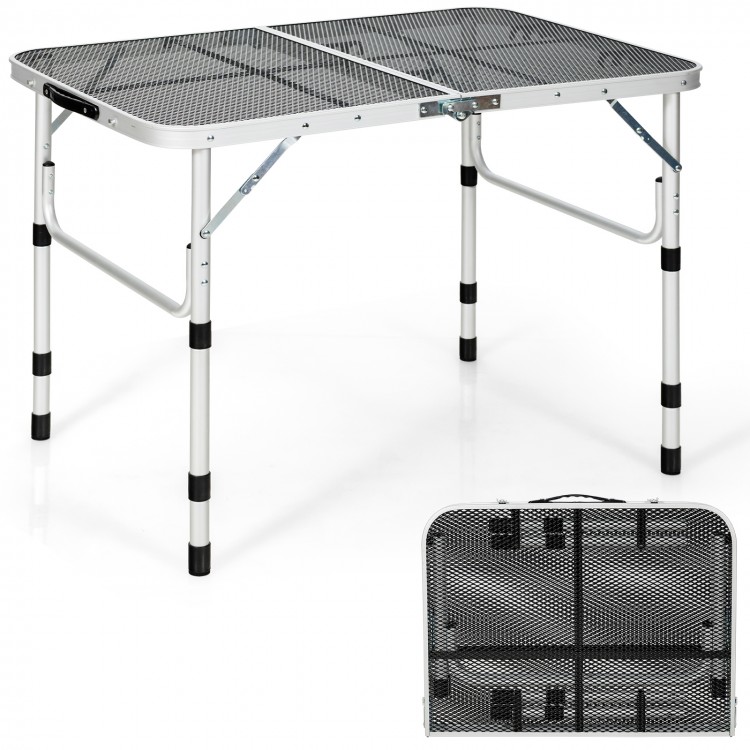 Folding grill table with aluminum frame and iron mesh top, adjustable height, perfect for camping and outdoor use.