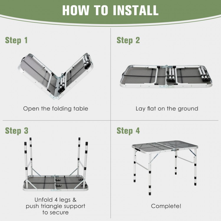 Folding grill table with aluminum frame and iron mesh top, designed for camping, BBQ, and outdoor activities.