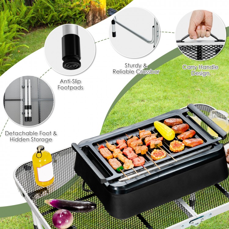 Folding grill table with aluminum frame, iron mesh top, and anti-slip foot pads, perfect for camping and outdoor use.