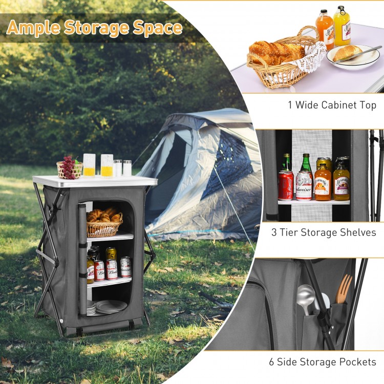 Folding camping storage cabinet featuring a wide cabinet top and six side storage pockets for versatile outdoor.