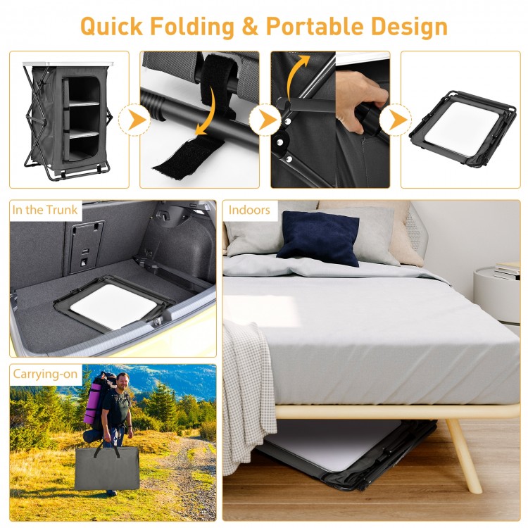 Folding camping storage cabinet with 3 shelves, waterproof oxford cloth, ideal for outdoor activities and easy.