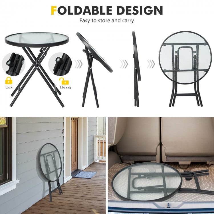 Folding patio side table with tempered glass tabletop and powder-coated steel frame, ideal for outdoor use and easy.