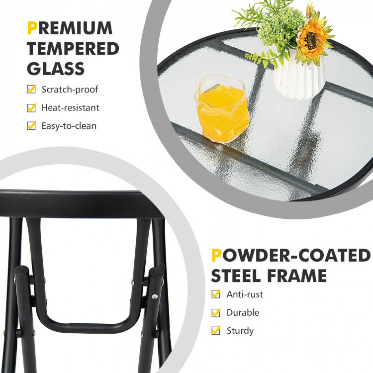 Patio side table featuring a premium tempered glass tabletop and a powder-coated steel frame, ideal for outdoor use.