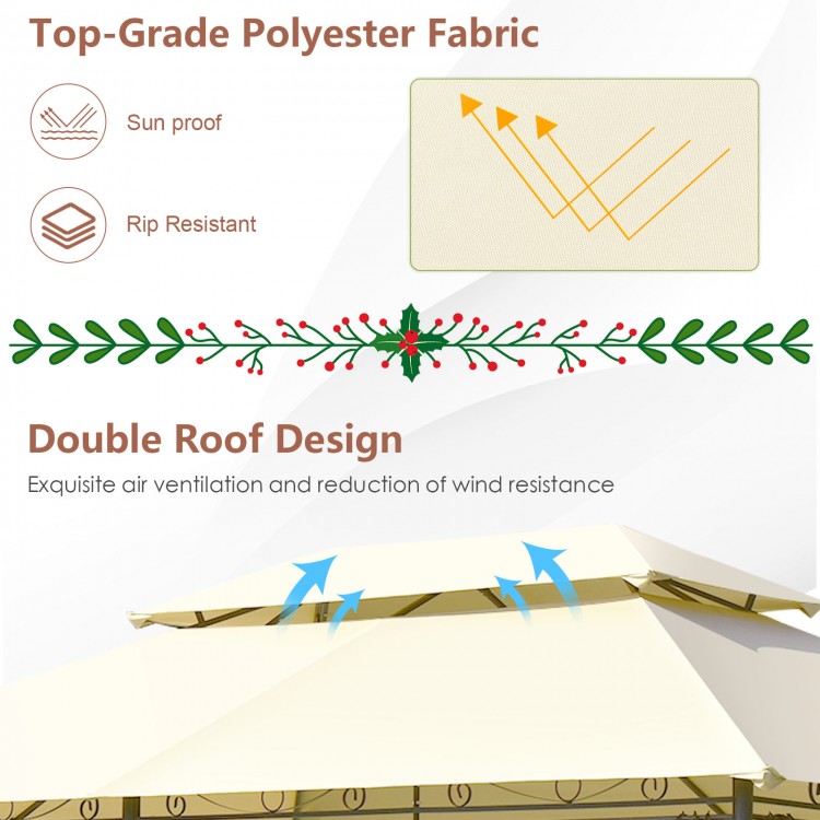 Double roof design of a 10x13 feet beige tent canopy with high-grade polyester fabric for outdoor gatherings.