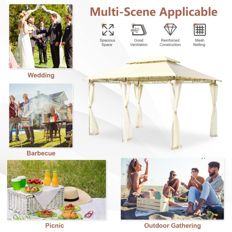 10x13 feet beige gazebo with removable mesh sidewalls, ideal for outdoor weddings, picnics, and barbecues.
