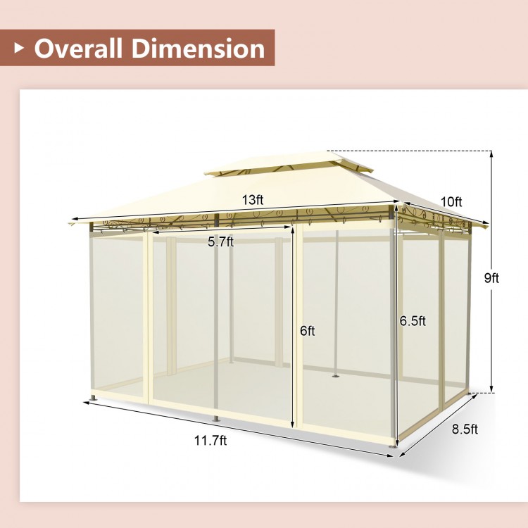 Overall dimensions of the 10x13 feet beige tent canopy shelter with removable netting sidewalls for outdoor gatherings.