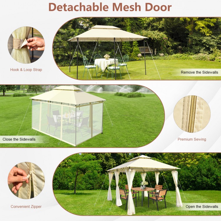 Detachable mesh door detail of the 10x13 feet beige canopy tent, featuring convenient zippers for easy access.