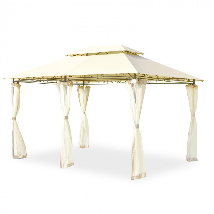 10x13 feet beige gazebo with removable mesh sidewalls, ideal for outdoor gatherings and providing sun protection.