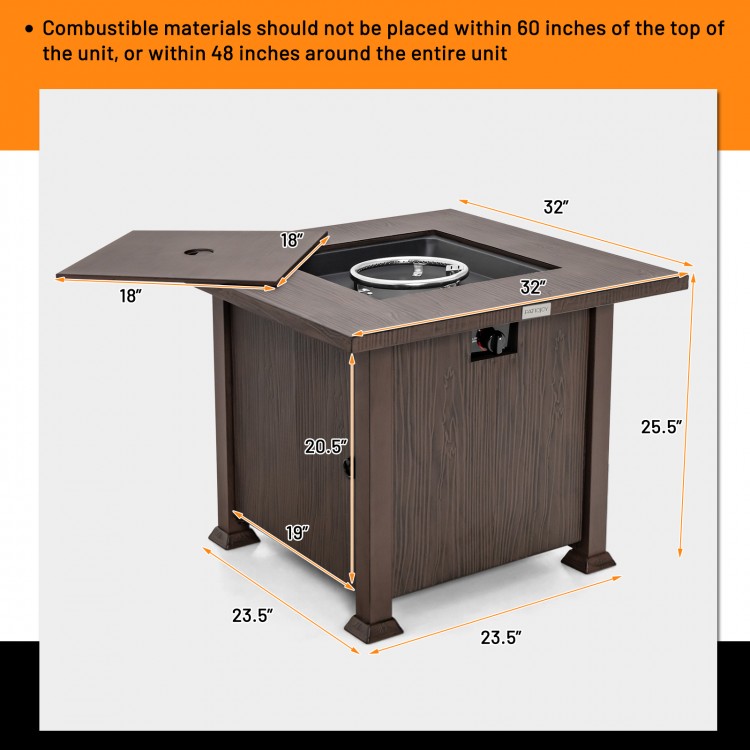 32-inch square fire pit table in brown with lid, 50,000 BTU burner, ideal for backyard and poolside use.