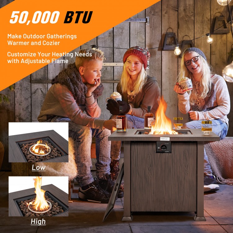 32-inch square fire pit table with lid and lava rocks, featuring a 50,000 BTU burner for cozy outdoor gatherings.