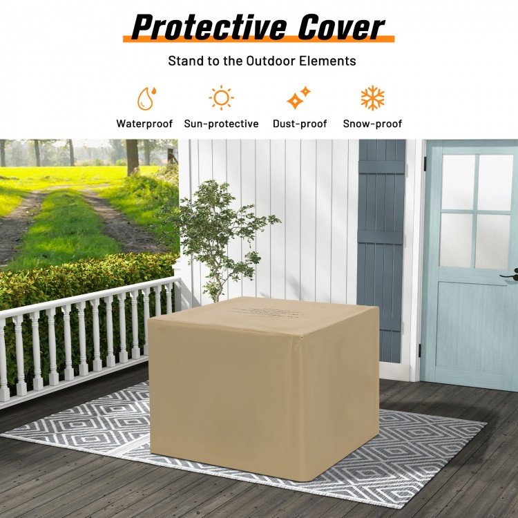 32-inch square fire pit table in brown with lid and lava rocks, perfect for outdoor use in backyard or garden.