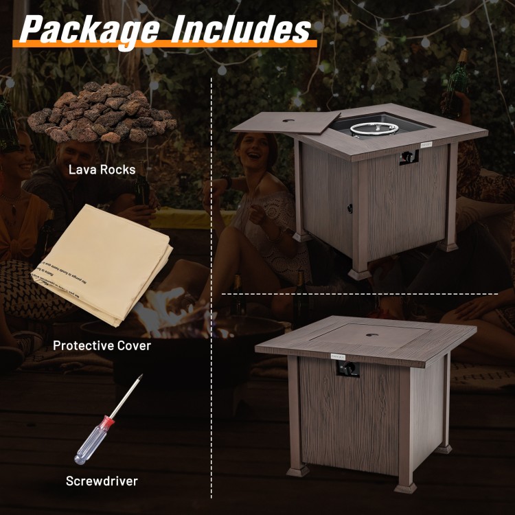 32-inch square fire pit table with lid, lava rocks, and protective cover, ideal for outdoor gatherings and relaxation.