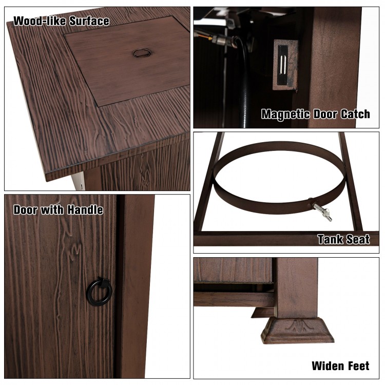 Close-up of the 32-inch fire pit table showing wood-like surface, magnetic door catch, and tank seat for outdoor use.