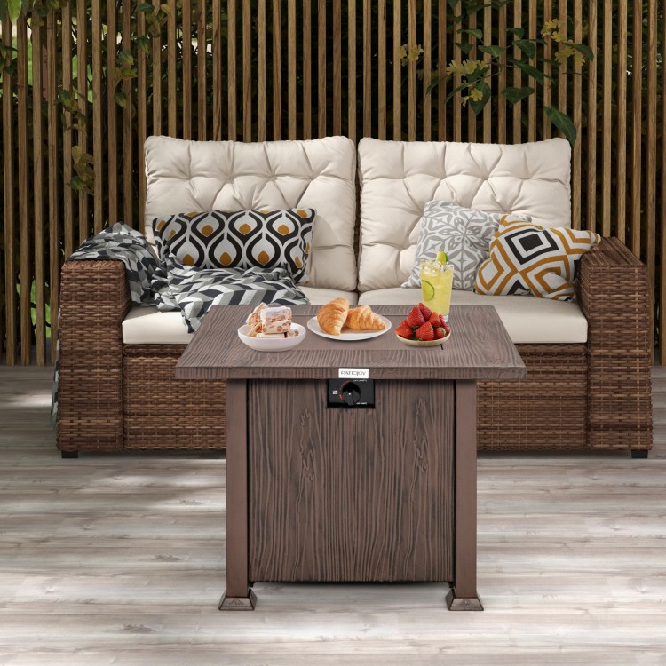 32-inch square fire pit table in brown with lid, featuring a wood-like tabletop, ideal for outdoor gatherings.