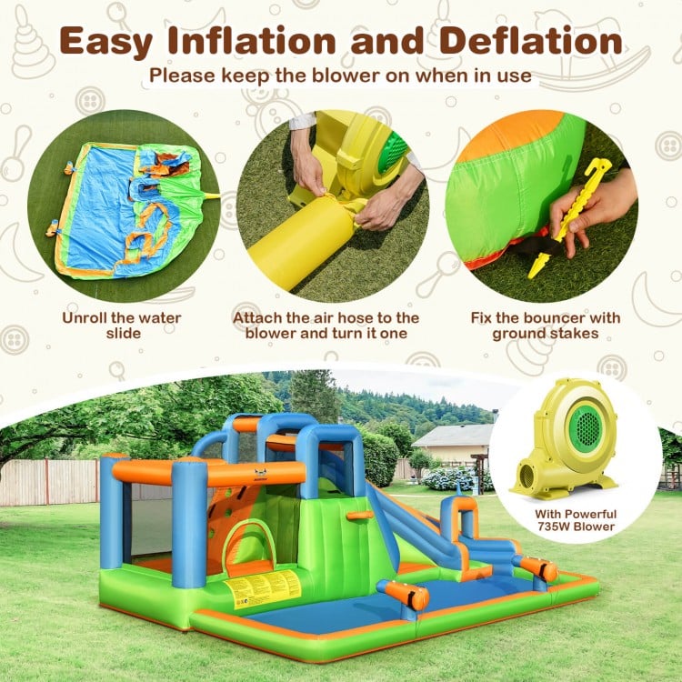7-in-1 inflatable giant water park bouncer with dual climbing walls and 735W blower, ideal for backyard fun.