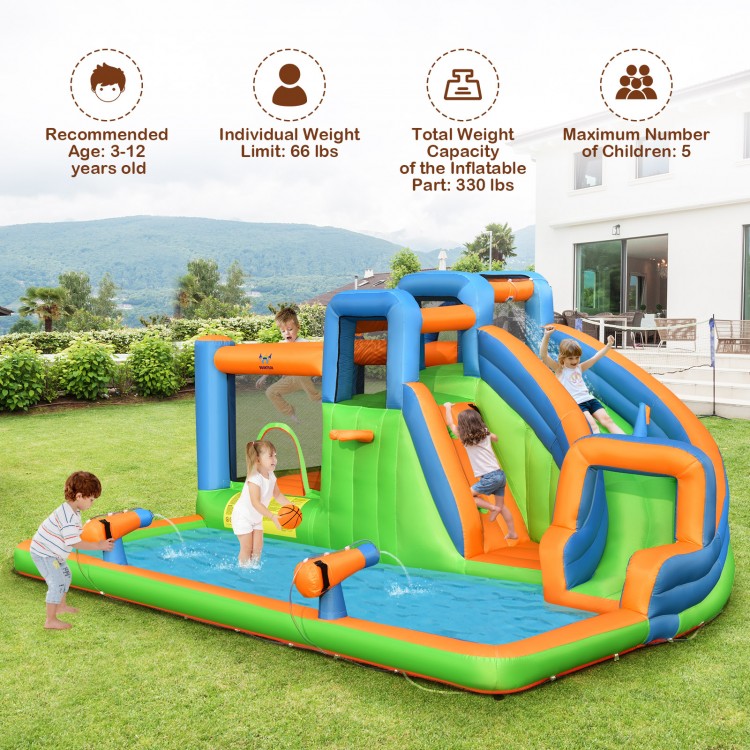 Dual climbing walls on the 7-in-1 inflatable water park bouncer provide hours of outdoor fun for kids aged 3-12 years.