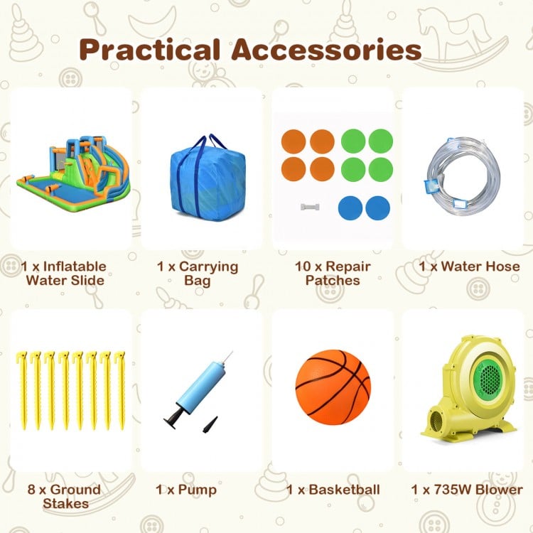 Inflatable water slide accessories including a carrying bag, repair patches, water hose, and basketball for fun play.