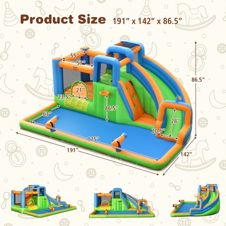 Inflatable giant water park bouncer with dual climbing walls, slide, and splash pool, perfect for backyard fun.