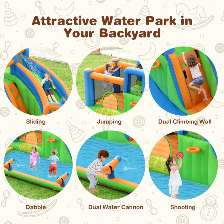 Inflatable giant water park featuring dual climbing walls, slide, and splash pool for backyard fun and entertainment.