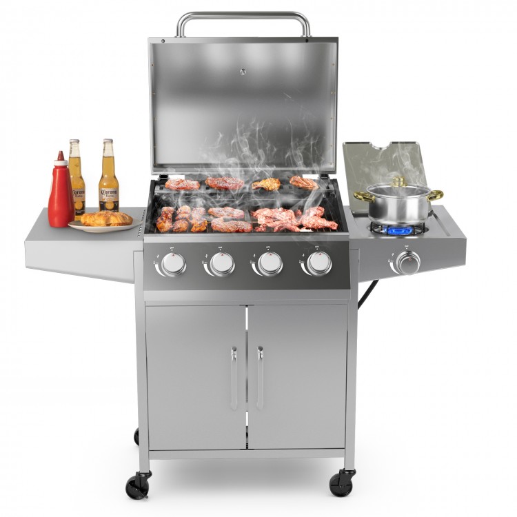 Heavy-duty stainless steel 5-burner propane gas grill with side burner, showcasing cooking grates and warming rack for.
