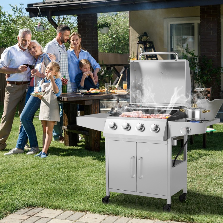 Stainless steel 5-burner propane gas grill with side burner and prep tables, perfect for outdoor cooking and gatherings.