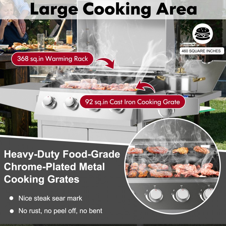 Large cooking area of the 50000BTU 5-burner propane gas grill with heavy-duty chrome-plated grates for perfect searing.