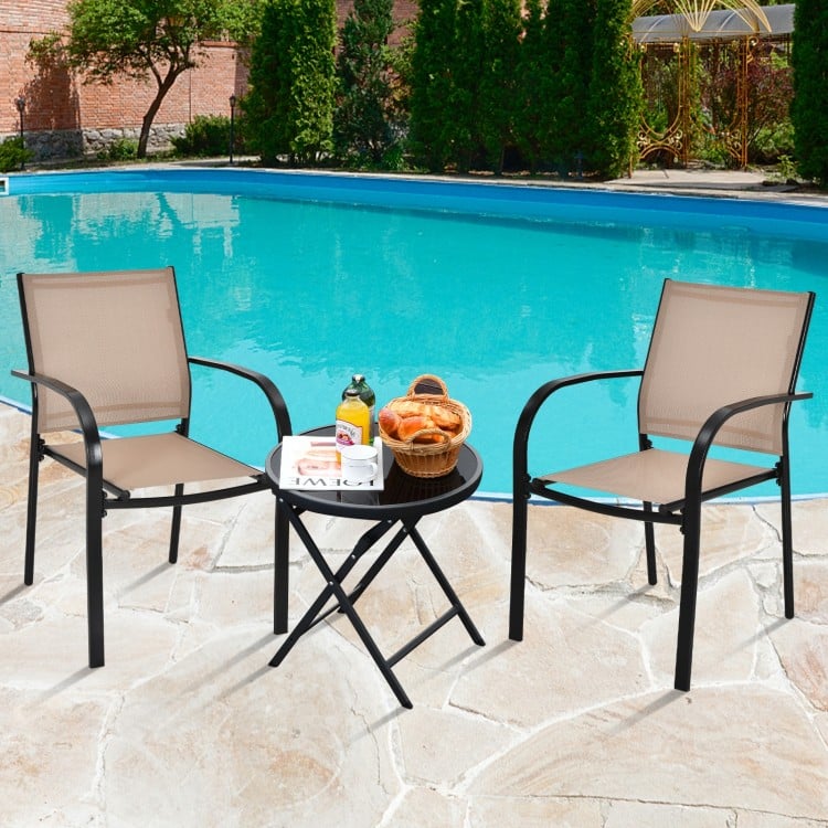 Set of 2 stackable patio dining chairs with armrests, featuring a brown fabric seat and black powder-coated steel.