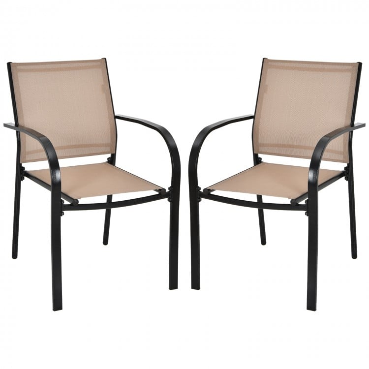 Set of 2 stackable patio dining chairs with armrests, featuring a brown fabric seat and durable powder-coated steel.