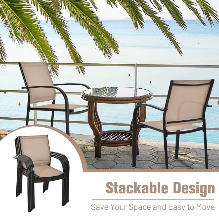 Set of 2 brown stackable patio dining chairs with armrests, featuring a durable steel frame for outdoor use.